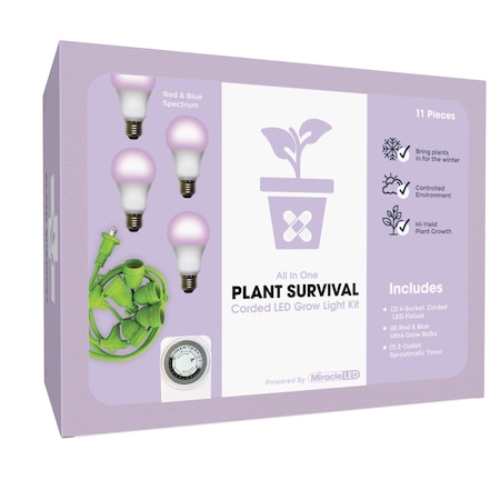 Miracle Led 4-Socket Plant Survival Grow Light Kit- Red & Blue Spec. 12W Replace 150W Grow Bulbs w/ Timer, 2PK 802354